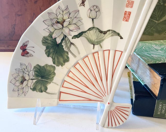 Featured listing image: Vintage  The Toscany Collection "Lotus" Fan Porcelain Tray, Chinoiserie Chic, Grandmillennial Decor, Mother's Day Gift, Oriental Fan