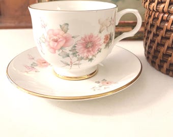 Vintage Salder England "Wellington" Bone China Teacup and Saucer, Pink Floral Design and Gilded Rim, Wedding or Bridal Shower Gift