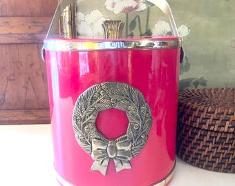 Vintage Georges Briard Christmas Red Ice Bucket, Gold Wreath Hollywood Regency Bar Cart Decor, Retro Xmas Bar Ware, Rare