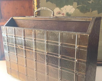 Vintage MCM Wood And Hammered Brass Magazine Holder, Storage Bin, Home Office Decor