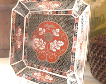 Vintage Large  Imari Style Tray, Chinoiserie  Theme, Decorative Plate, Oriental Decor, Red and Black Japanese  Decor, Home Office Tray