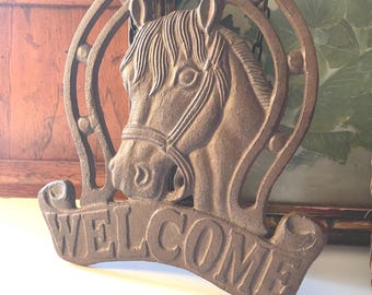 Vintage Cast Metal Welcome Sign, Horse in Horseshoe  Welcome Plaque, Equestrian Farmhouse Decor