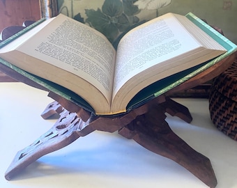 Vintage Carved Wood Book Holder, Folding Stand For Bible, Cookbook, Ornate Book Stand