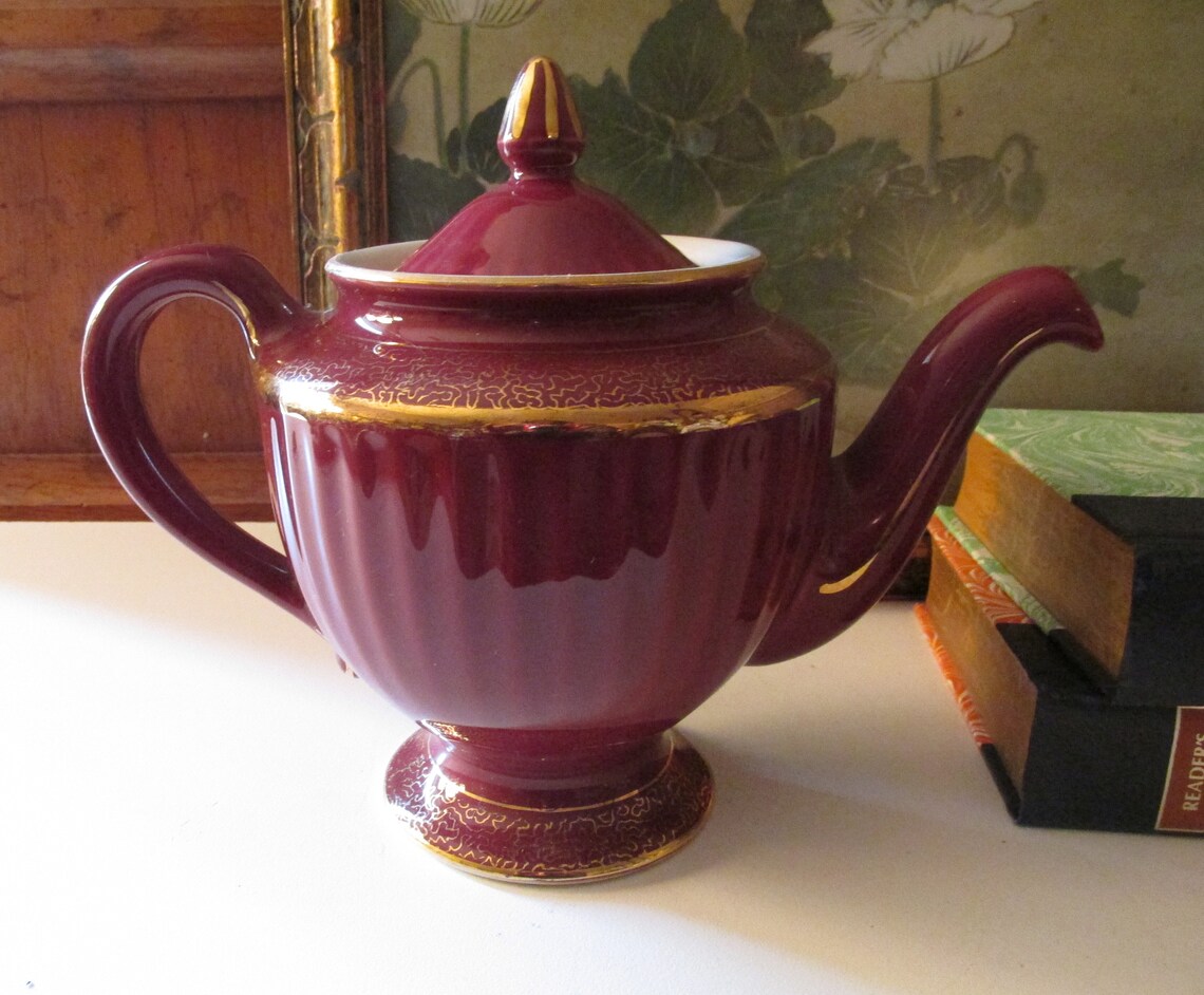 Vintage Hall Teapot Made in USA Six Cup Maroon and Gold Etsy