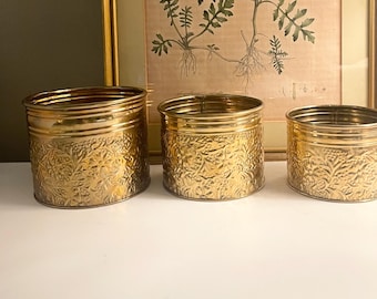 Three Vintage Hosley Brass Planters, Chinoiserie Decor, Boho Brass, 5",4.5" and 4" Diameter