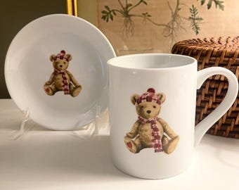 Vintage Boxed Pottery Barn Teddy Bear Mug and Small Dish Set, St. Jude