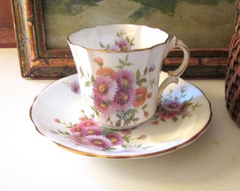 Vintage Hammersley England Bone China Teacup and Saucer, Pink and Lavender Daisy Floral Set, Tea Party Gift, Wedding or Bridal Shower Gift