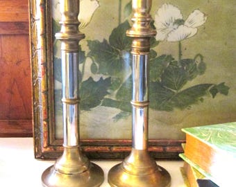 Vintage Brass and Steel or Chrome Candlesticks, 1980's Hollywood Regency Candleholders, Mantel Decor, Coffee Table Decor, Mixed Metal
