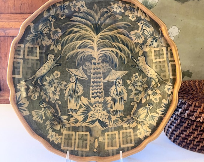 Featured listing image: Vintage Large Decorative Oriental Accent Chinoiserie Cabinet Plate, Hollywood Regency, Wall Gallery Decor, Monkey, Palm Tree, Cheetah Theme