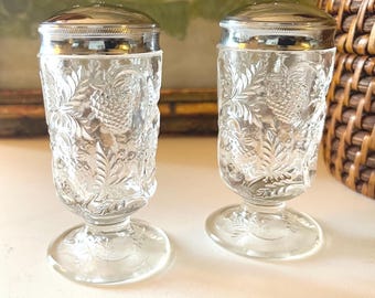 Vintage Fenton Inverted Strawberry Salt & Pepper Shakers, Clear Glass Footed Shakers