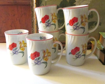 Six Fitz & Floyd Coffee or Tea Mugs, Floral Porcelain Mugs, "Printemps", Grandmillennial Kitchen, Vintage Tea Gift