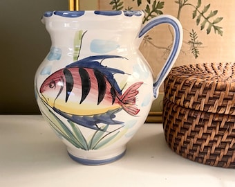 Vintage Vietri Italy Pitcher, Hand Painted Jug, Tropical Beach Decor, Vietri Al Mare Collection