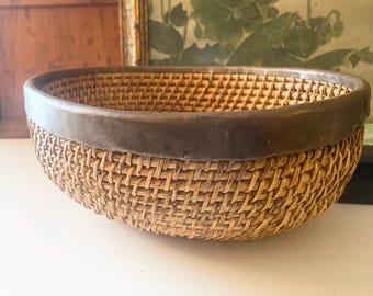Vintage Wicker Brass and Rattan Basket. Fruit Basket, Boho Hand Woven Wicker Basket, Tropical Decor