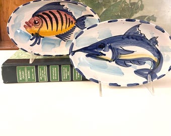 Two Vietri Vintage Hand Painted Fish Oval Trays, Tropical Beach Wall Decor