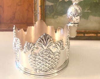 Godinger NOS Pineapple Silver Plated Wine or Champagne Bottle Coaster with Stopper, Bar Cart Decor, ollywood Regency