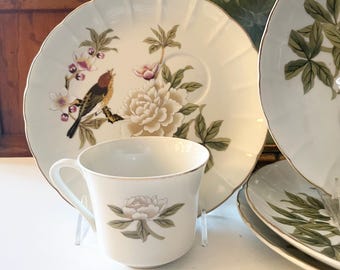 Vintage Shafford Set of Four "Chinese Garden" Tea and Snack Sets, Chinoiserie Floral Teacup and Trays, Grandmillennial, Mother's Day Gift