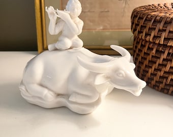 Vintage Blanc de Chine Oriental Figurine, Japanese Porcelain, Child Playing Flute, Chinoiserie Chic, Water Buffalo