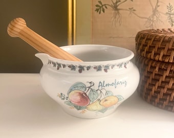 Vintage Mortar and Pestle Portugal Made, Porcelain Fruit Theme, Country Kitchen Decor, Farmhouse Chic.