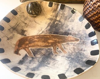 Vintage Art Pottery Dish, Signed Studio Pottery Stylized Bear and Sun, Hand Painted Ceramic, Coffee Table Decor