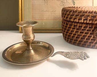 Vintage Brass Pineapple Chamberstick, Candlestick Holder, Williamsburg Decor, Holiday Mantel