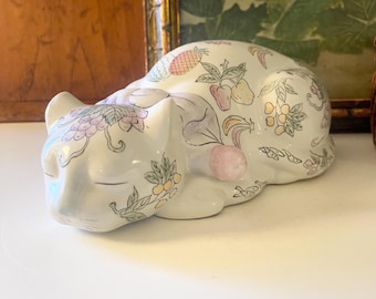 Vintage Chinoiserie Cat Figurine, Ceramic Oriental Decor, Floral and Fruit Pastel Cat,