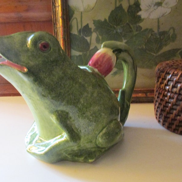 Vintage Italian Majolica Style Frog Pitcher, Alfresco Dining, Palm Beach Table Decor, San Marco