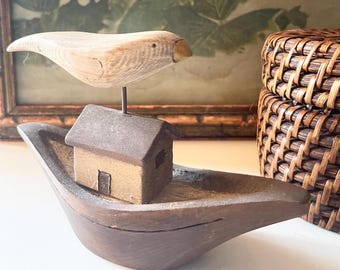 Vintage Roy Minshew Folk Art sculpture, Wood Carved Hand Painted Bird on Boat, Farmhouse Decor, Signed 1989