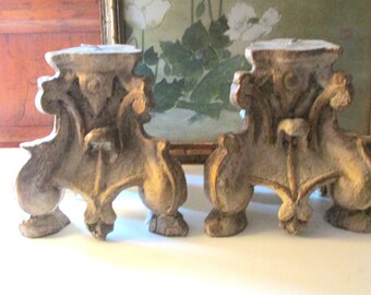 Vintage Pair of Florentine Style Pillar Candle Holders, Plaster Cast, Baroque Acanthus, Ornate Candlesticks, Hollywood Regency Mantel Decor