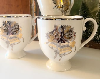 Four Vintage Mikasa “Cameo Holly Bell” Holiday Tea or Coffee Pedestal Mugs