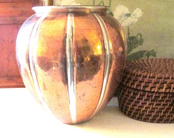 Vintage Copper Mixed Metal Art Deco Style Vase, Century Distinctive Gift, Hammered Statement Vase