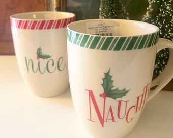 Vintage  Lenox Naughty and Nice Holiday Christmas Mugs, Holiday Gift, Typography