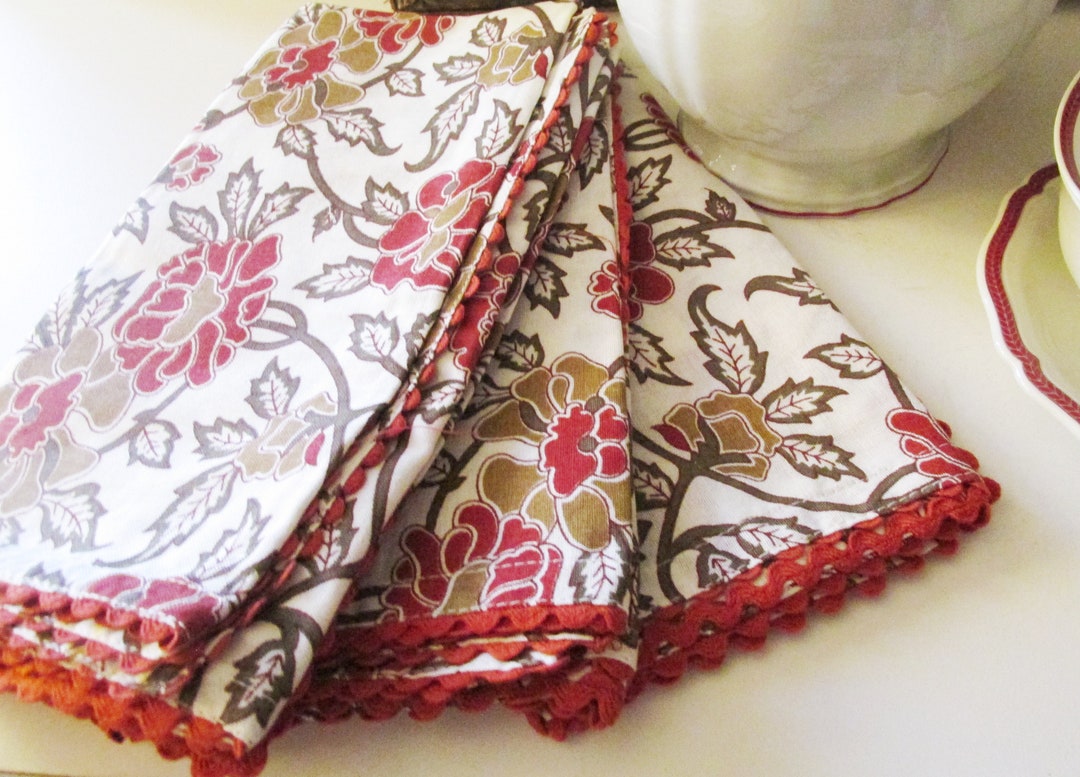 Six Cotton Napkins, British Colonial Style, Red Floral, 20 X 20 Square