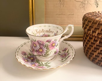 Vintage Royal Albert England September "Michaelmas Daisy" Teacup and Saucer, Flower of the Month Series