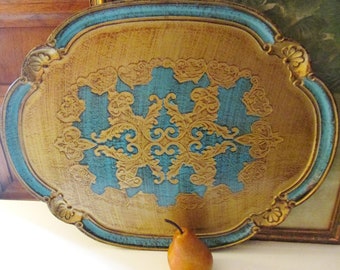 Large Italian Florentine Tray, Turquoise and Gold Scallop Edge Tray, Hollywood Regency Decor, The Gilded Tassel, Vintage Decorative Tray