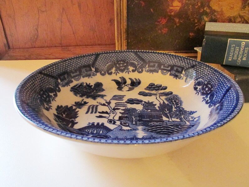 Japanese Blue Transferware Bowl Chinoiserie Vintage Blue Willow Round Coupe Blue and White Bowl Vintage Blue Willow Serving Bowl