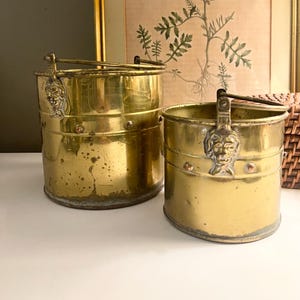 May include: Two antique brass buckets with handles. The buckets have a cylindrical shape and are adorned with decorative lion head accents. The brass has a warm, aged patina, and the buckets are riveted with small brass studs.