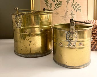 Vintage Brass Buckets, Lion Head Motif Planters, Rustic Farmhouse Decor