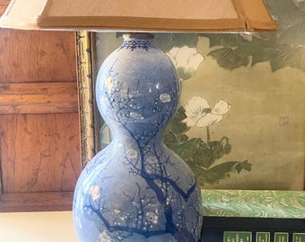 Vintage Oriental Double Gourd Lamp, Antique Vase Lamp, Chinoiserie Cherry Blossom, Hollywood Regency, Japanese Vase Lamp
