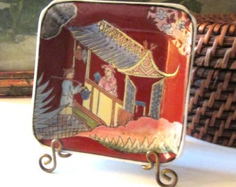 Vintage Small Chinoiserie Trinket Tray, Oriental Decorative Pin Dish