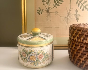 Vintage Hand Painted Floral Pottery Round Trinket Box, Gilded Accents