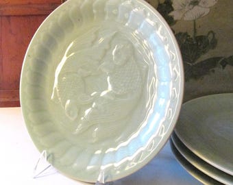 Vintage Set of Four Koi Celadon Dinner Plates, Oriental Hallmark, Chinoiserie Chic