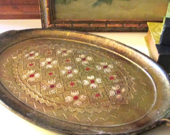 Vintage Italian Florentine Tray, Oval Small Gilded Tray, Red Accents, Vanity Tray, Bar Tray, Grandmillennial Decor