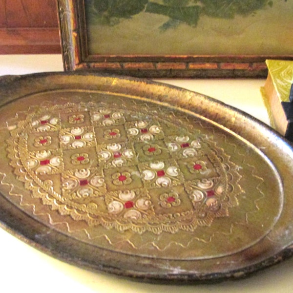 Vintage Italian Florentine Tray, Oval Small Gilded Tray, Red Accents, Vanity Tray, Bar Tray, Grandmillennial Decor