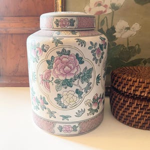 Vintage Chinoisere Ginger Jar, Famille Rose, Butterflies and Roses,Hand Painted Ceramic Vase, Grandmillennial Decor