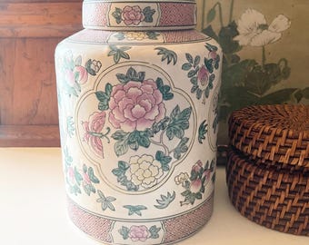 Vintage Chinoisere Ginger Jar, Famille Rose, Butterflies and Roses,Hand Painted Ceramic Vase, Grandmillennial Decor