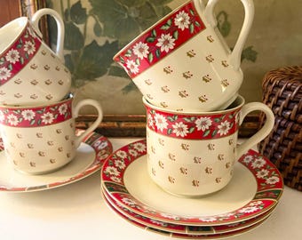 Four Holiday NOS Vintage Charlton Hall by Kobe Teacups and Saucers, Chinoiserie Imari Style Christmas China, Classic Traditions, 1980's