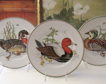 Three Duck Plates By Fitz and Floyd, "Canard Sauvage" Dessert Plates, 1980's Mallard and Wooduck Plates, Cabin Lake Decor