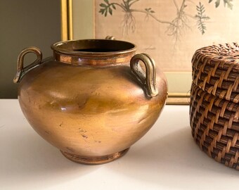 Antque Copper Arts and Crafts Style, Chinese Copper Vase, Cachepot, Three Handled Pot,