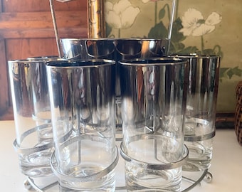 Vintage 10 Piece Mercury Fade Ice Bucket and Eight Tumbler Set, Dorothy Thorpe Style, Bar Cart Decor, Hollywood Regency