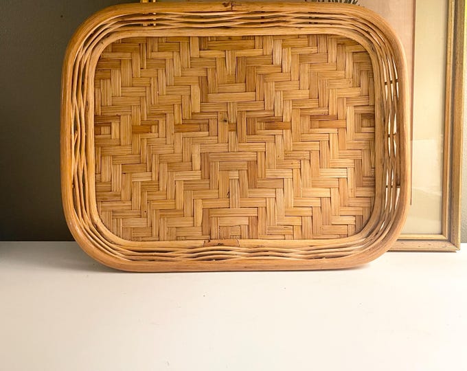 Featured listing image: Vintage Woven Bamboo Rattan Tray, Bar Cart Tray, Boho Decor, Grandmillennial